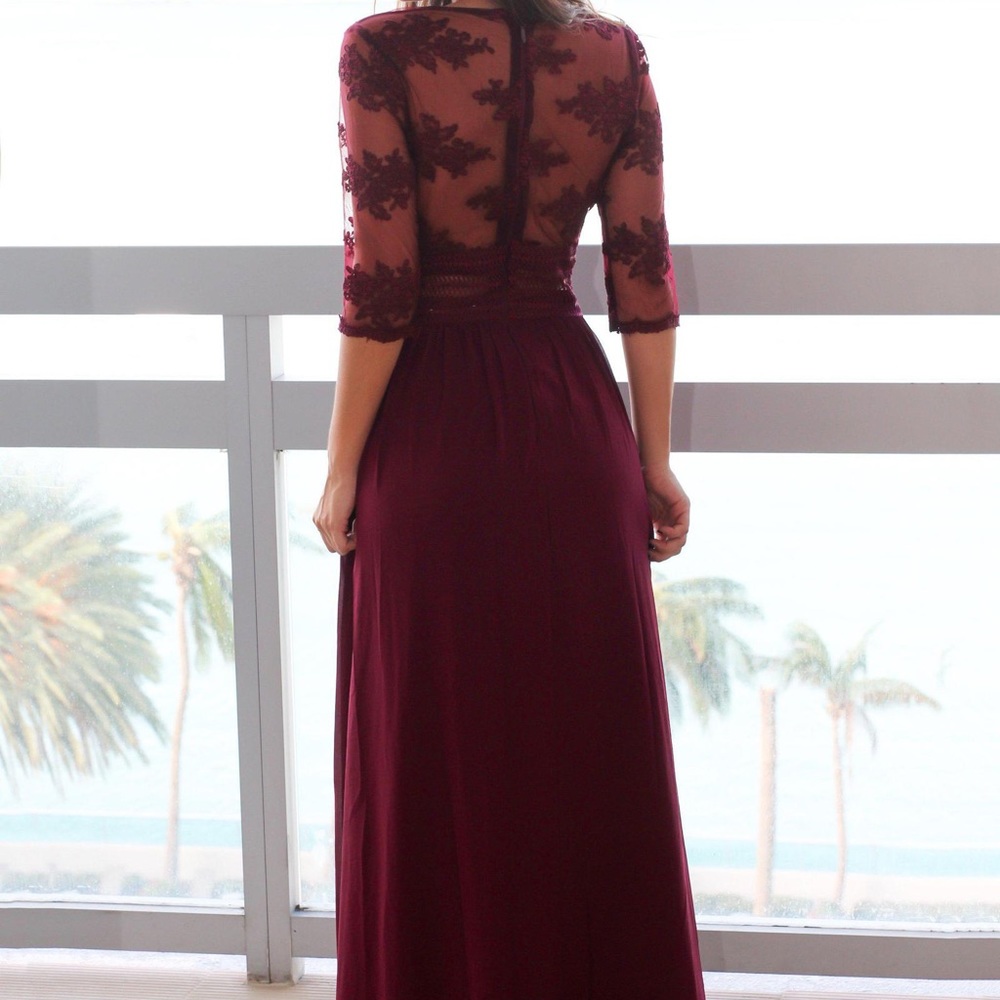 Wine V-Neck Maxi Dress w Mesh Embroidered Sleeves - Picture 3 of 3